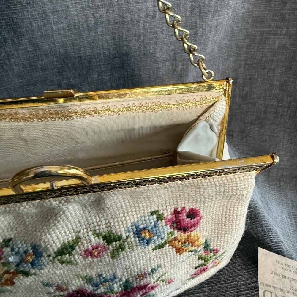 VTG  1930s Petit Point Needlepoint Tapestry Floral Purse Handbag Metal Strap GUC - Picture 12 of 16